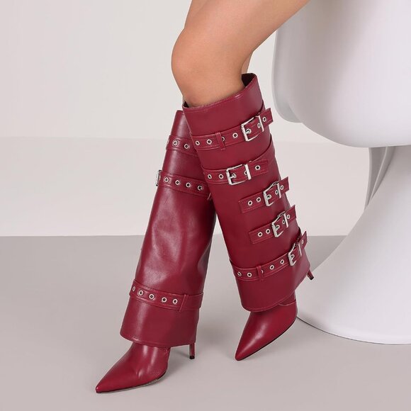 Women's Dark Red Fold Over Long Tall Leather Buckle Shark Knee High Zipper Boots - Picture 2 of 6